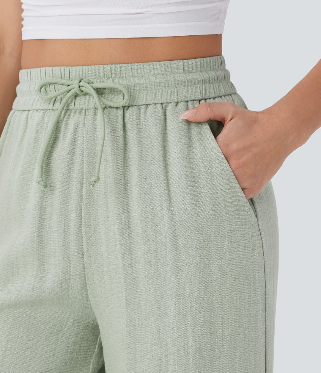 High Waisted Drawstring Pocket Wide Leg Baggy Casual Linen-Feel Pants