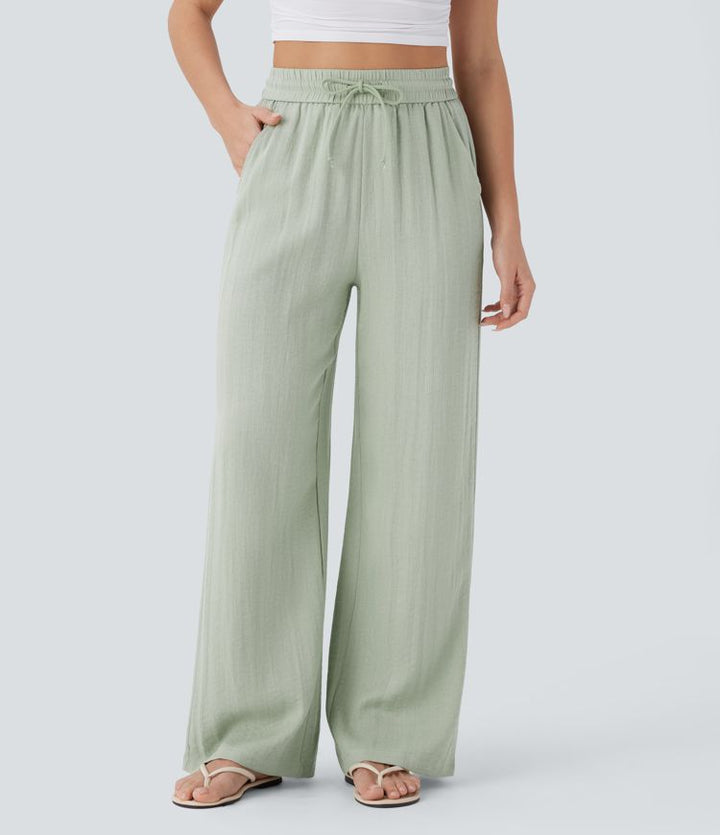 High Waisted Drawstring Pocket Wide Leg Baggy Casual Linen-Feel Pants