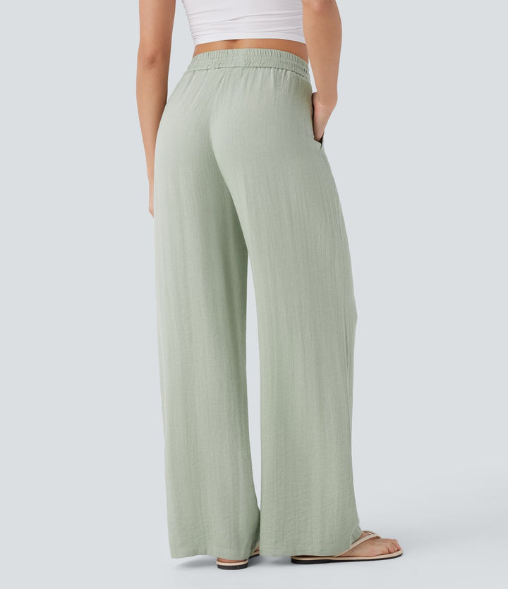 High Waisted Drawstring Pocket Wide Leg Baggy Casual Linen-Feel Pants