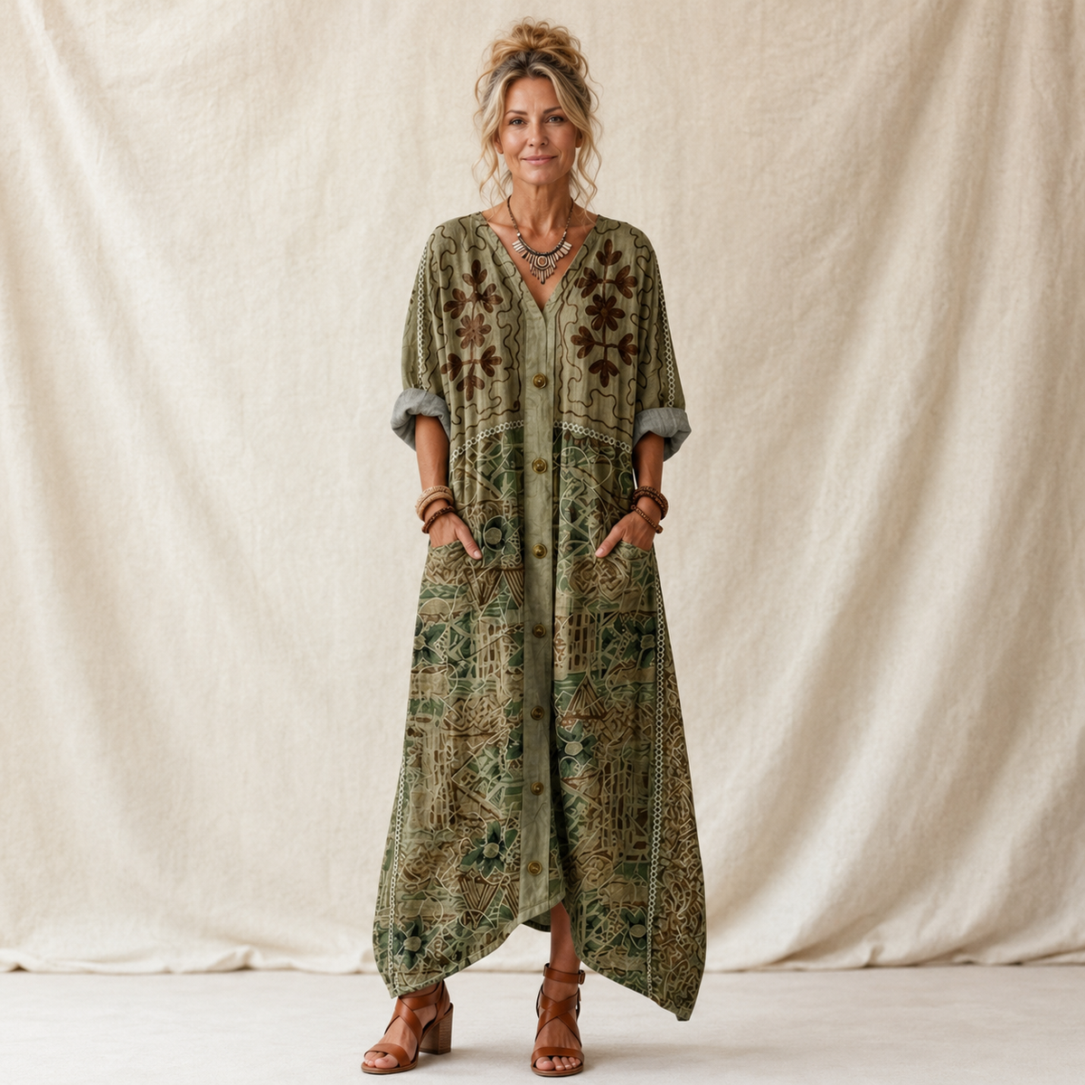 Aleta | Button Front Oversized Pocket Midi Dress