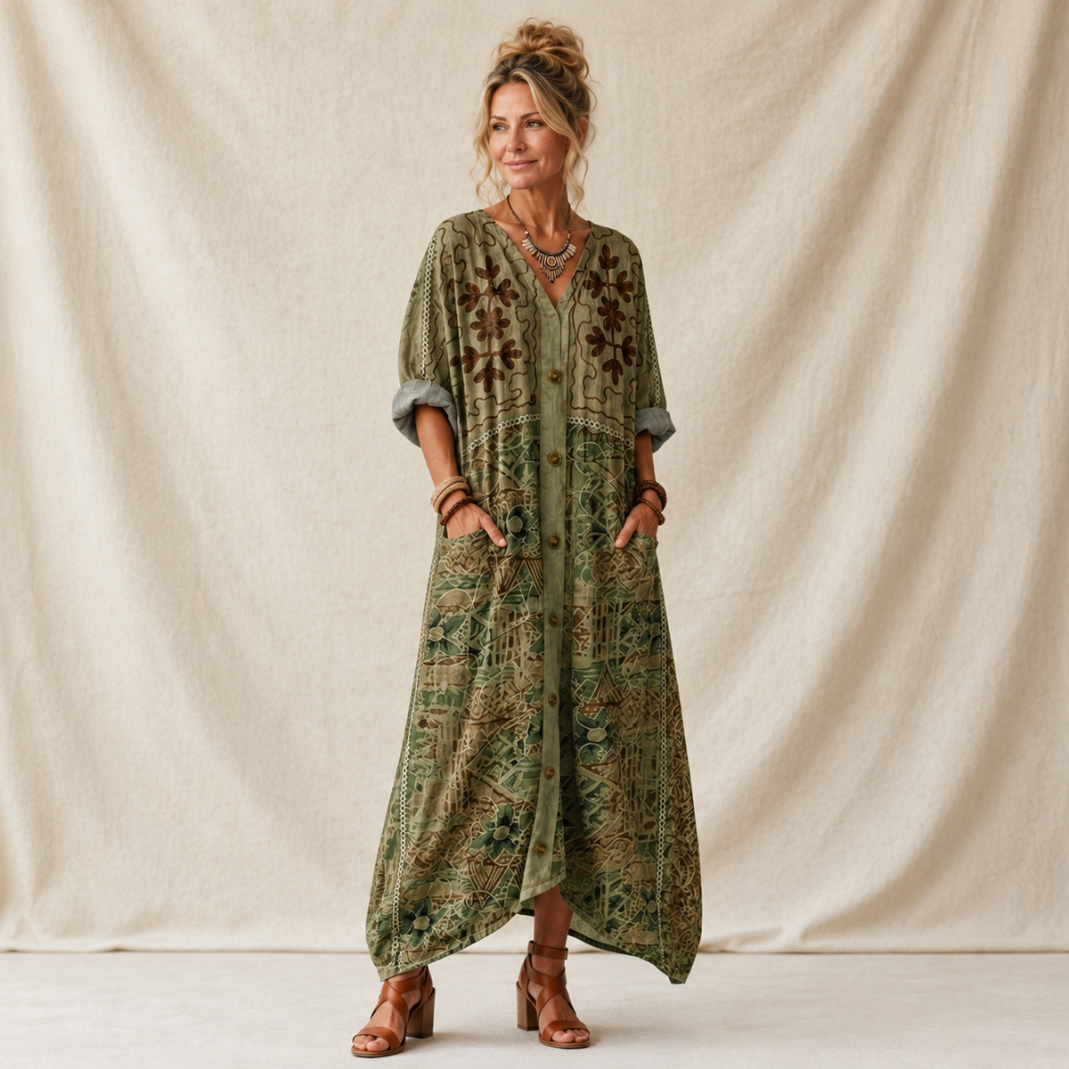 Aleta | Button Front Oversized Pocket Midi Dress