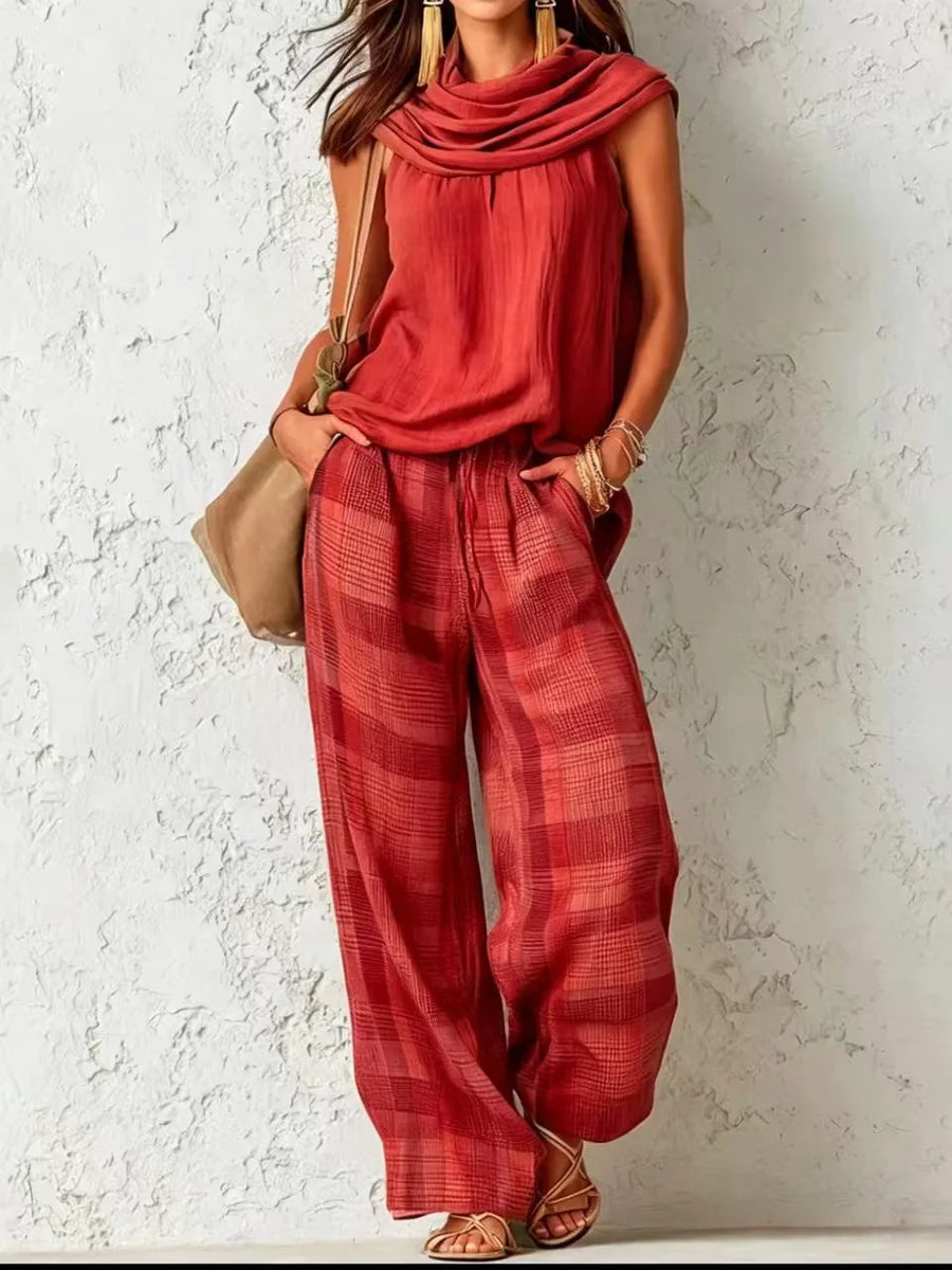 Delphine | Rust Plaid Linen Vest & Pants Set