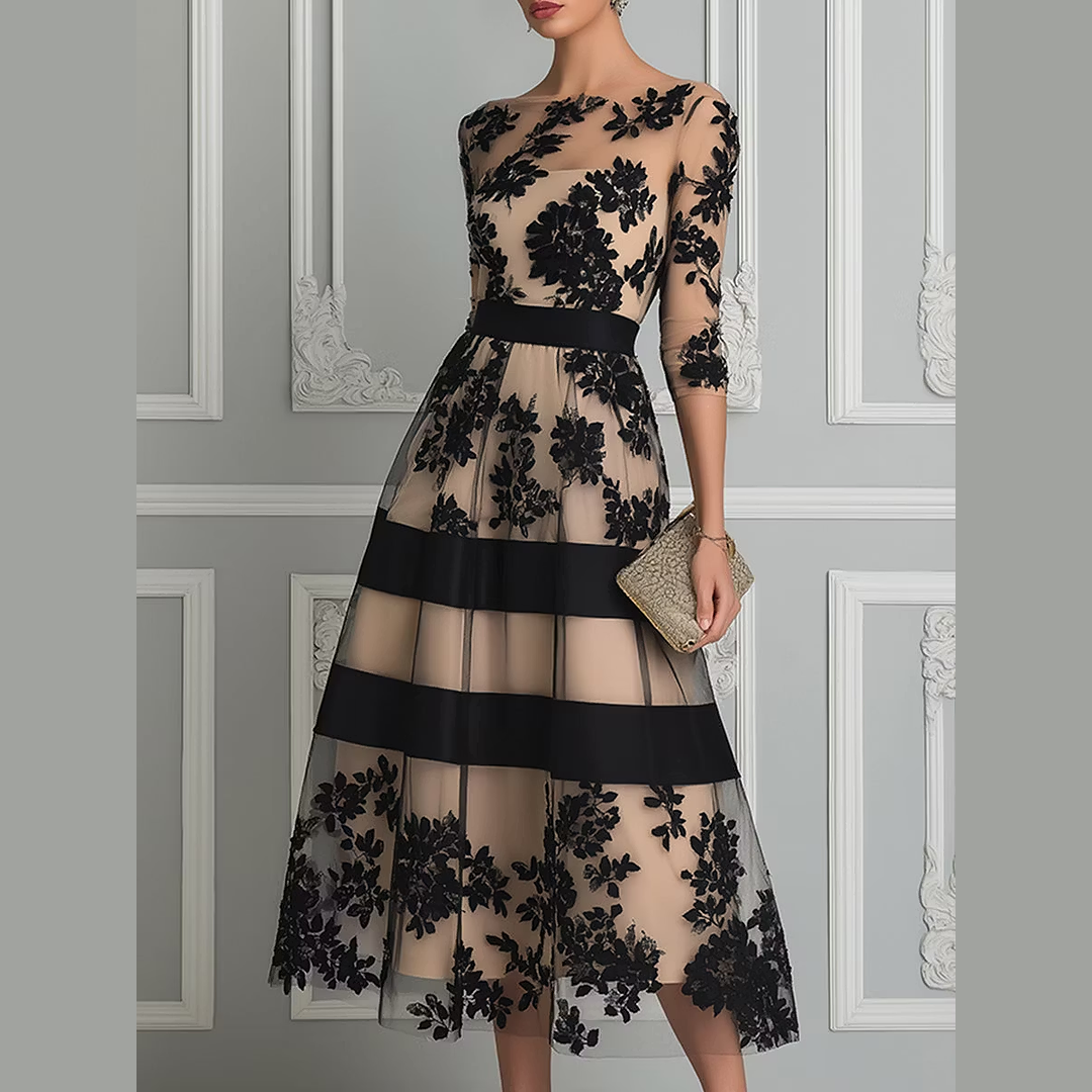 Elegant Black Lace Midi A-Line Dress