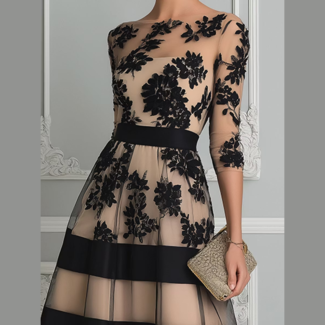 Elegant Black Lace Midi A-Line Dress
