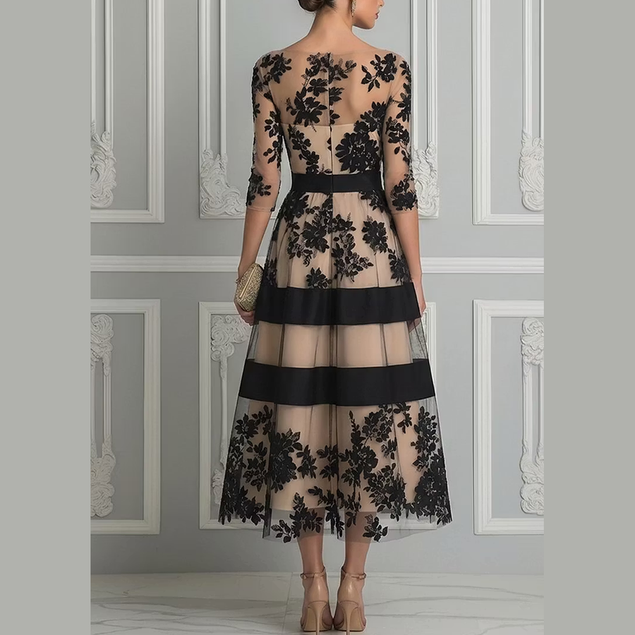 Elegant Black Lace Midi A-Line Dress